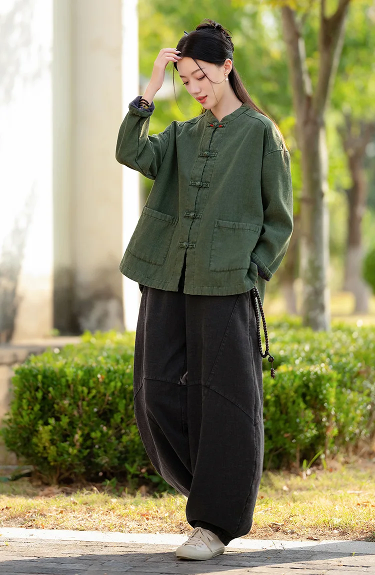 Johnature Women Ramie Cotton Chinese Style Parkas 2025 Winter New Long Sleeve Plush Warm Coats Solid Color Chinese Style Parkas