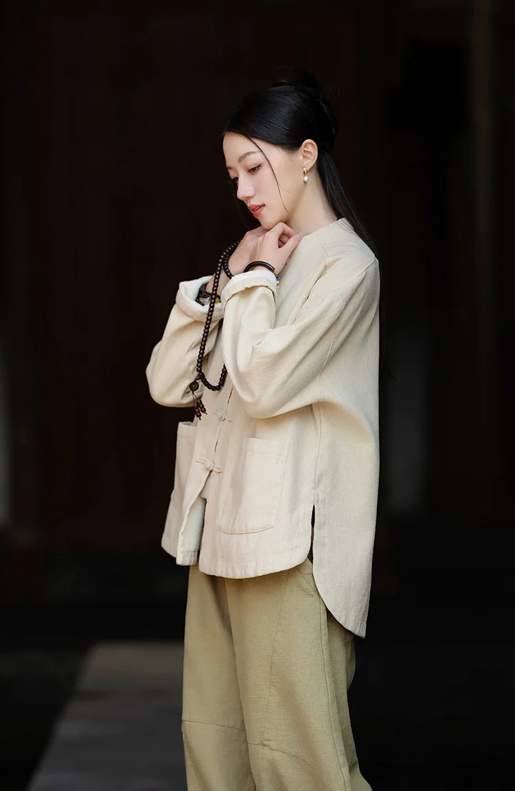 Johnature Women Ramie Cotton Chinese Style Parkas 2025 Winter New Long Sleeve Plush Warm Coats Solid Color Chinese Style Parkas