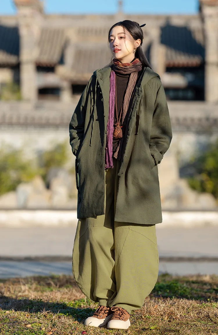 Johnature Women Vintage Hooded Parkas Button Chinese Style Ramie Cotton Coats 2025 Winter New Solid Color Long Sleeve Parkas