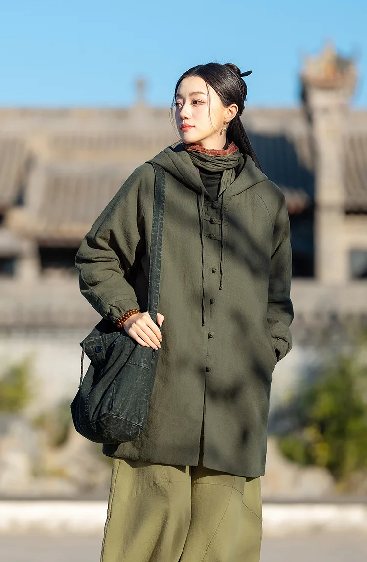 Johnature Women Vintage Hooded Parkas Button Chinese Style Ramie Cotton Coats 2025 Winter New Solid Color Long Sleeve Parkas