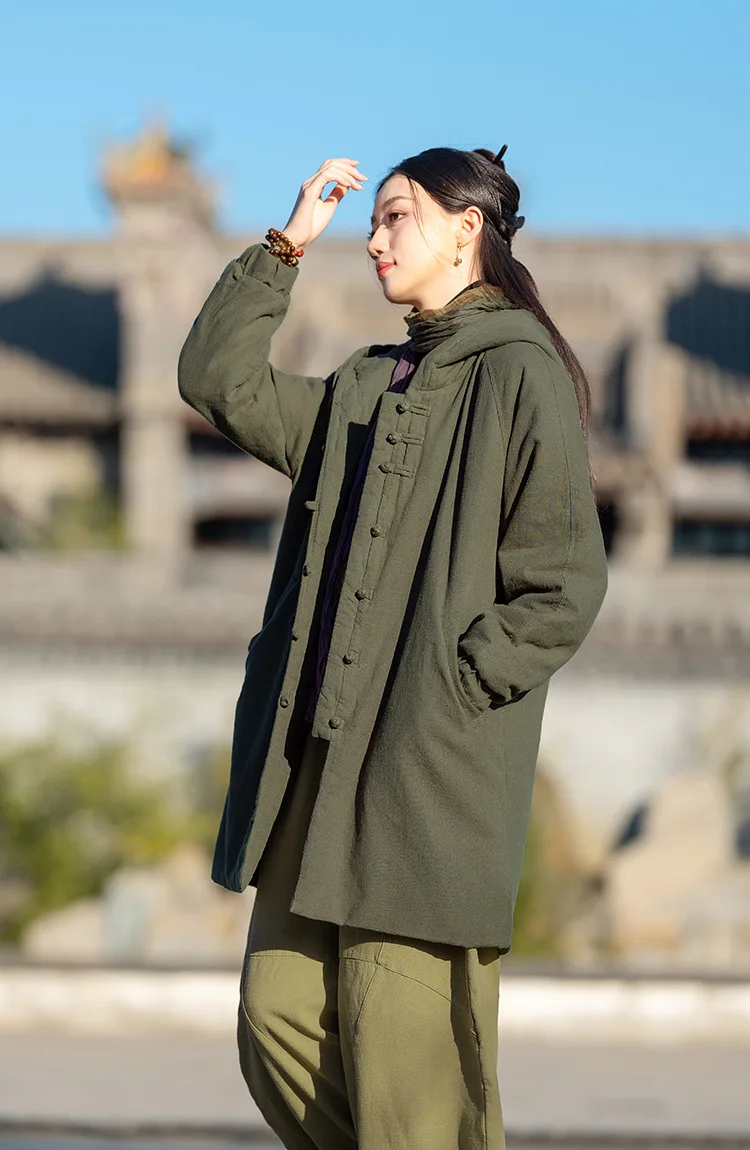 Johnature Women Vintage Hooded Parkas Button Chinese Style Ramie Cotton Coats 2025 Winter New Solid Color Long Sleeve Parkas