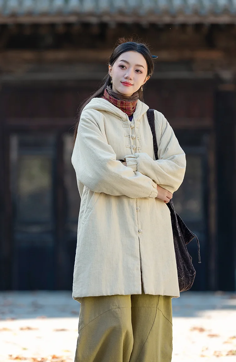 Johnature Women Vintage Hooded Parkas Button Chinese Style Ramie Cotton Coats 2025 Winter New Solid Color Long Sleeve Parkas