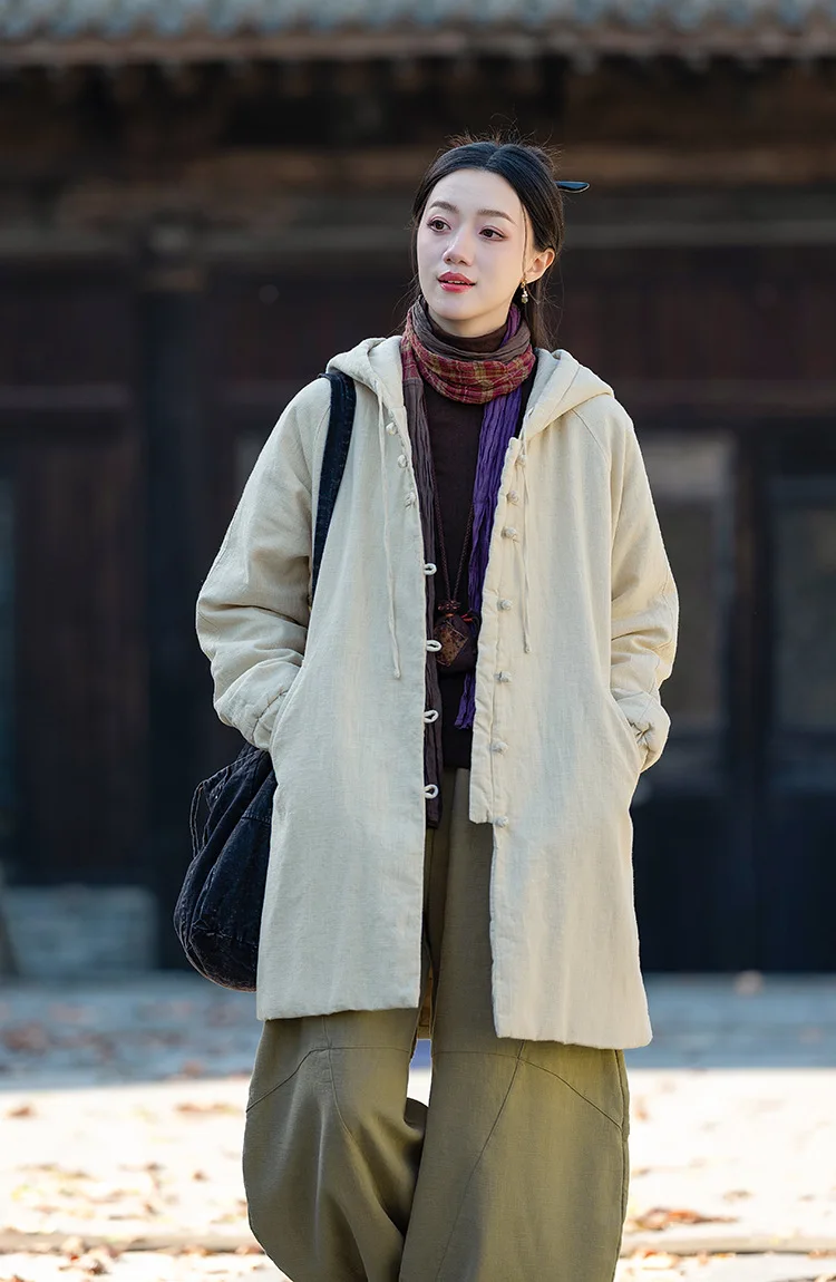 Johnature Women Vintage Hooded Parkas Button Chinese Style Ramie Cotton Coats 2025 Winter New Solid Color Long Sleeve Parkas