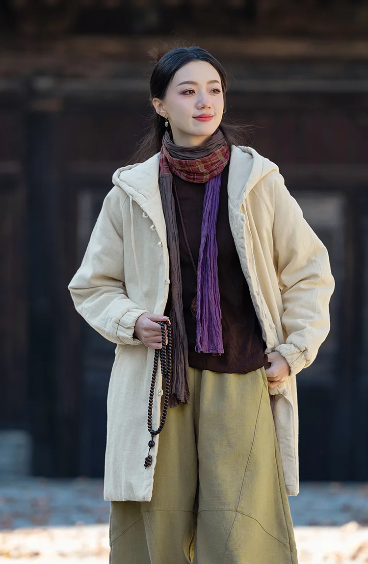 Johnature Women Vintage Hooded Parkas Button Chinese Style Ramie Cotton Coats 2025 Winter New Solid Color Long Sleeve Parkas