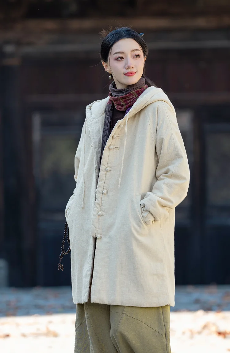 Johnature Women Vintage Hooded Parkas Button Chinese Style Ramie Cotton Coats 2025 Winter New Solid Color Long Sleeve Parkas