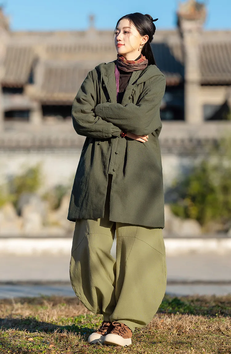 Johnature Women Vintage Hooded Parkas Button Chinese Style Ramie Cotton Coats 2025 Winter New Solid Color Long Sleeve Parkas