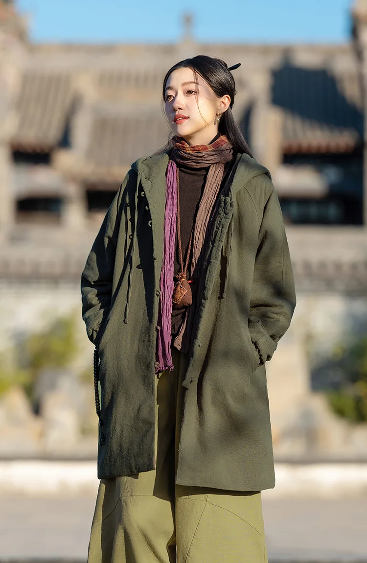 Johnature Women Vintage Hooded Parkas Button Chinese Style Ramie Cotton Coats 2025 Winter New Solid Color Long Sleeve Parkas