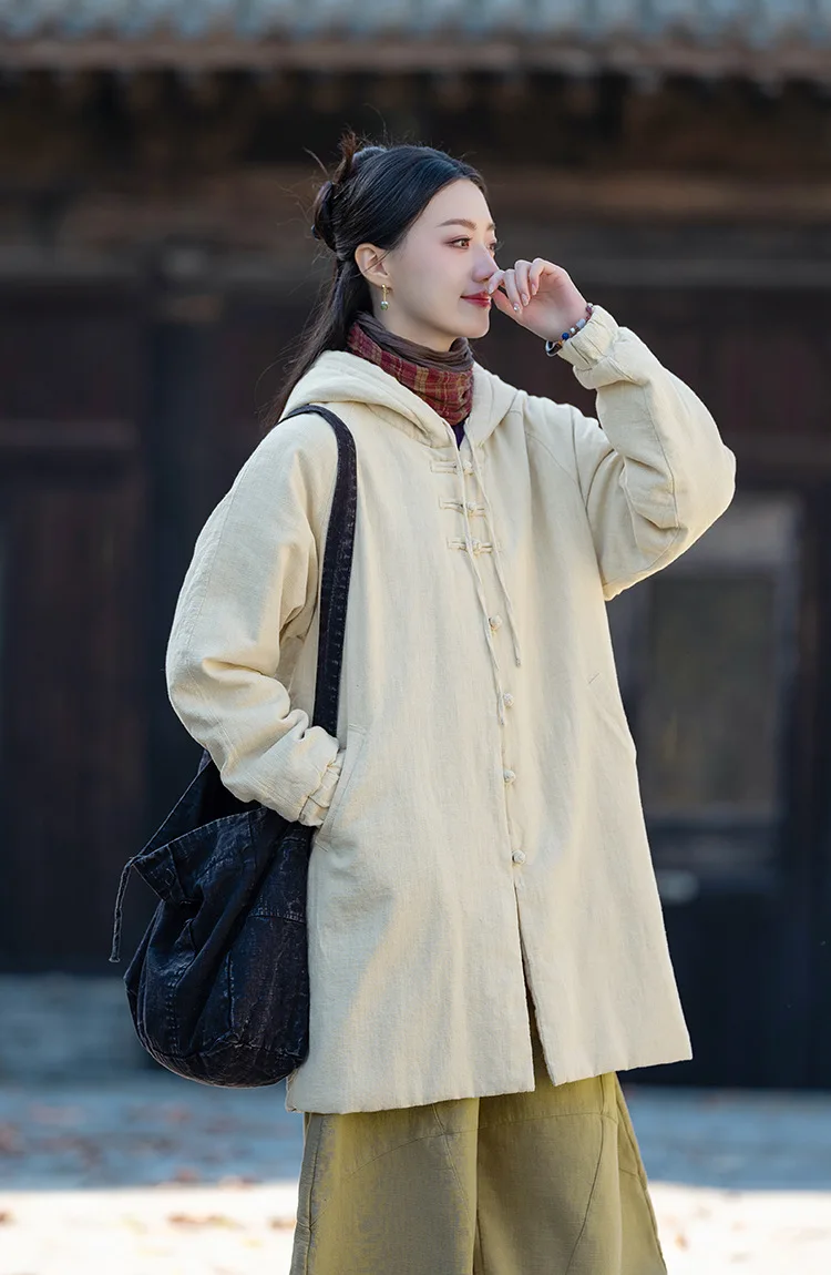 Johnature Women Vintage Hooded Parkas Button Chinese Style Ramie Cotton Coats 2025 Winter New Solid Color Long Sleeve Parkas