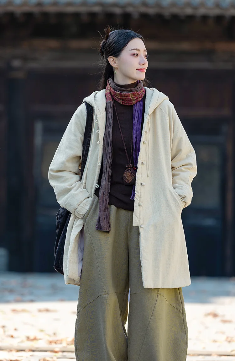 Johnature Women Vintage Hooded Parkas Button Chinese Style Ramie Cotton Coats 2025 Winter New Solid Color Long Sleeve Parkas