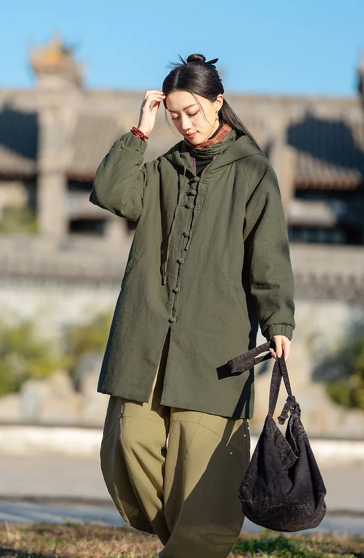 Johnature Women Vintage Hooded Parkas Button Chinese Style Ramie Cotton Coats 2025 Winter New Solid Color Long Sleeve Parkas