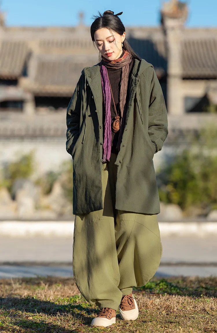 Johnature Women Vintage Hooded Parkas Button Chinese Style Ramie Cotton Coats 2025 Winter New Solid Color Long Sleeve Parkas