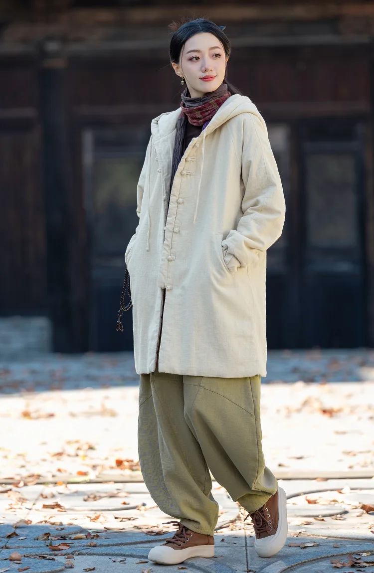 Johnature Women Vintage Hooded Parkas Button Chinese Style Ramie Cotton Coats 2025 Winter New Solid Color Long Sleeve Parkas