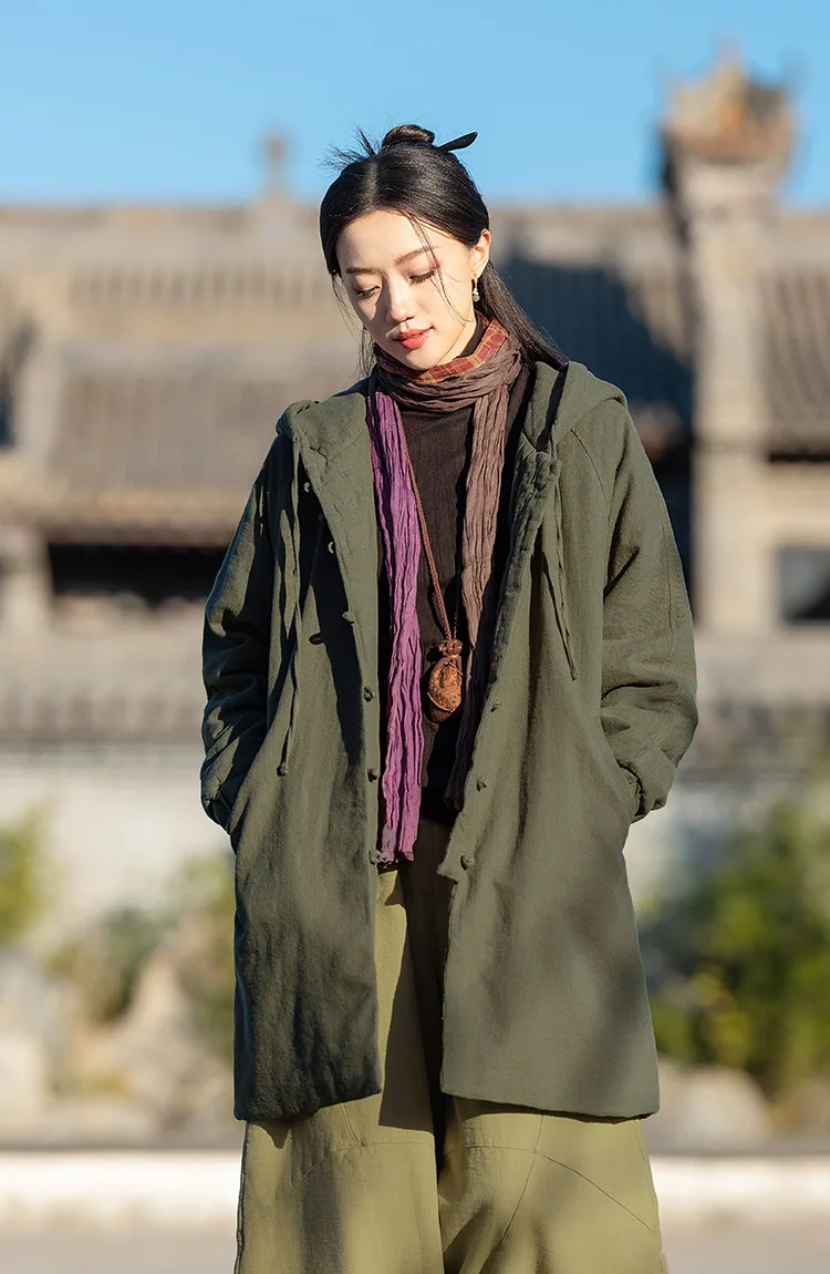 Johnature Women Vintage Hooded Parkas Button Chinese Style Ramie Cotton Coats 2025 Winter New Solid Color Long Sleeve Parkas