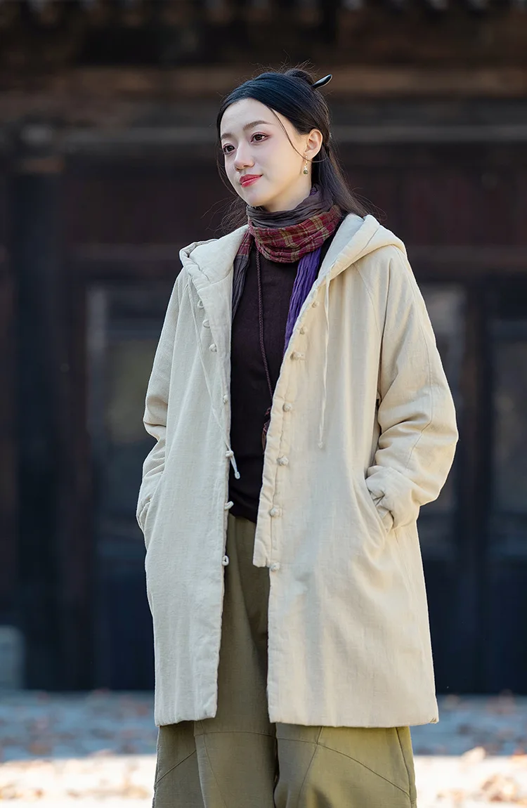 Johnature Women Vintage Hooded Parkas Button Chinese Style Ramie Cotton Coats 2025 Winter New Solid Color Long Sleeve Parkas