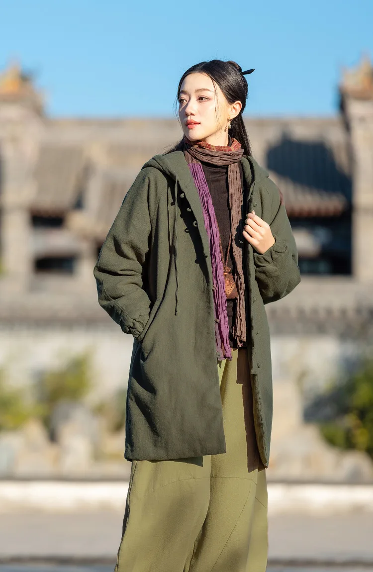 Johnature Women Vintage Hooded Parkas Button Chinese Style Ramie Cotton Coats 2025 Winter New Solid Color Long Sleeve Parkas