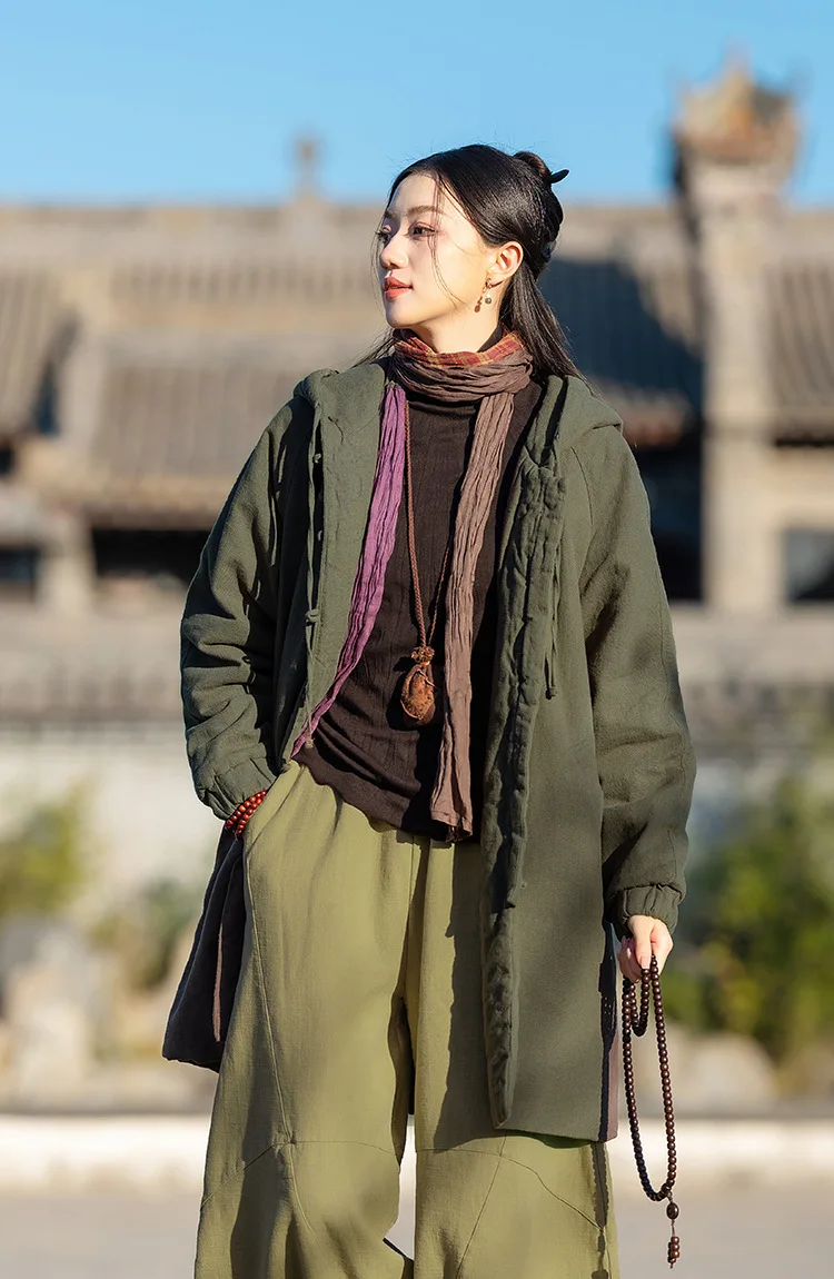 Johnature Women Vintage Hooded Parkas Button Chinese Style Ramie Cotton Coats 2025 Winter New Solid Color Long Sleeve Parkas