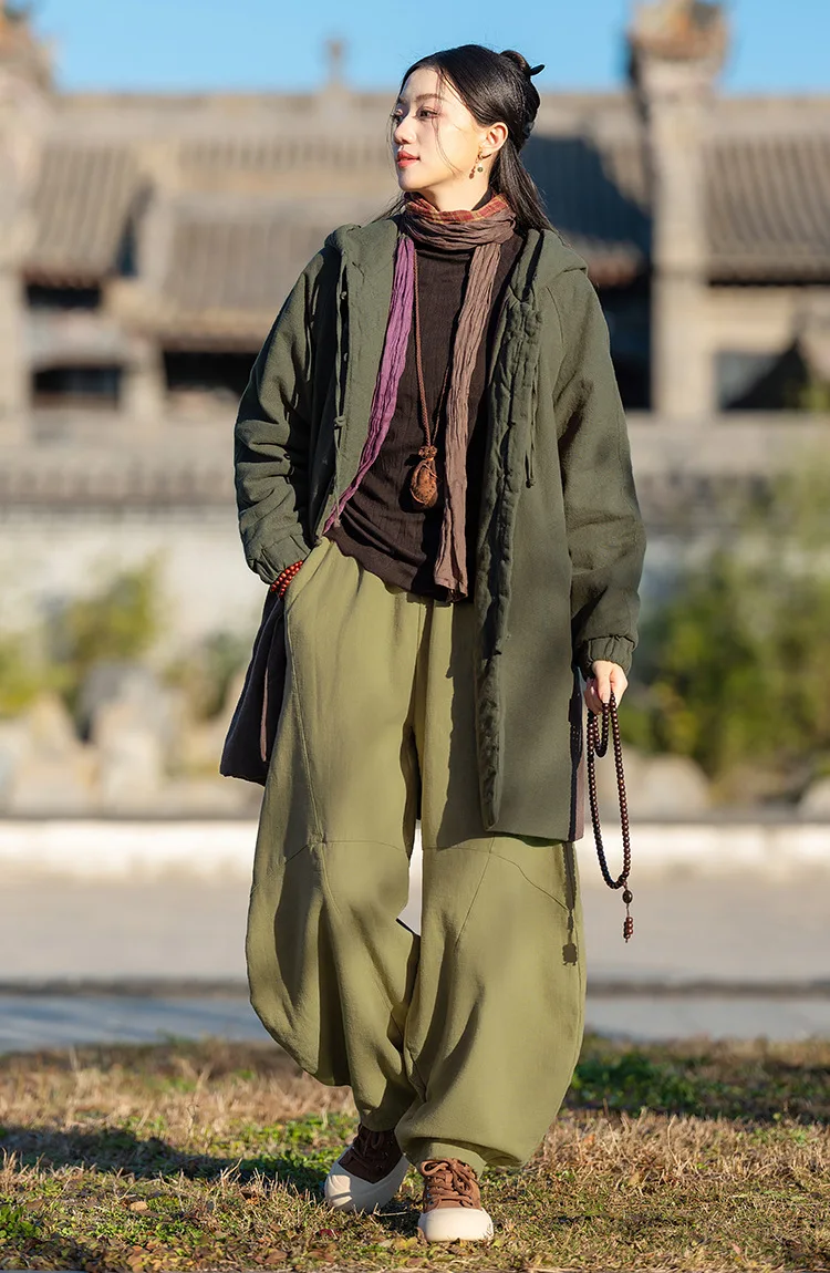 Johnature Women Vintage Hooded Parkas Button Chinese Style Ramie Cotton Coats 2025 Winter New Solid Color Long Sleeve Parkas