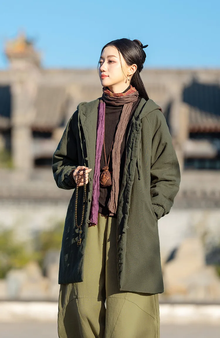 Johnature Women Vintage Hooded Parkas Button Chinese Style Ramie Cotton Coats 2025 Winter New Solid Color Long Sleeve Parkas