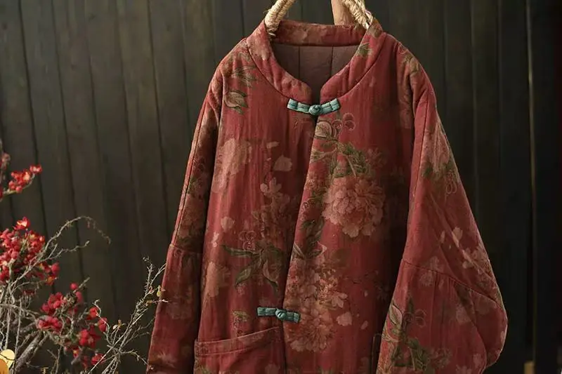 Johnature 2025 Woman Winter New Splicing Vintage Chinese Style Print Long Sleeves Parkas Fashion Loose Single Breasted Parkas