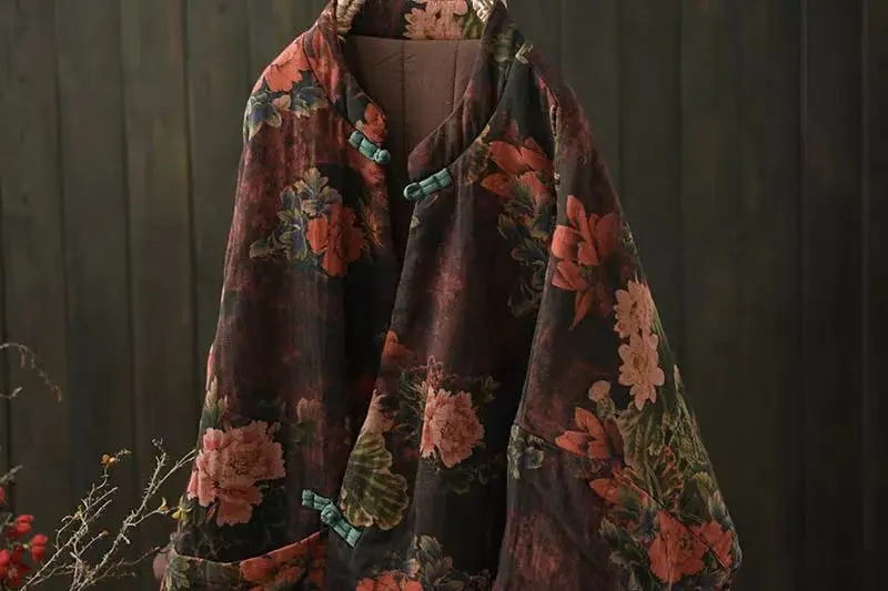 Johnature 2025 Woman Winter New Splicing Vintage Chinese Style Print Long Sleeves Parkas Fashion Loose Single Breasted Parkas