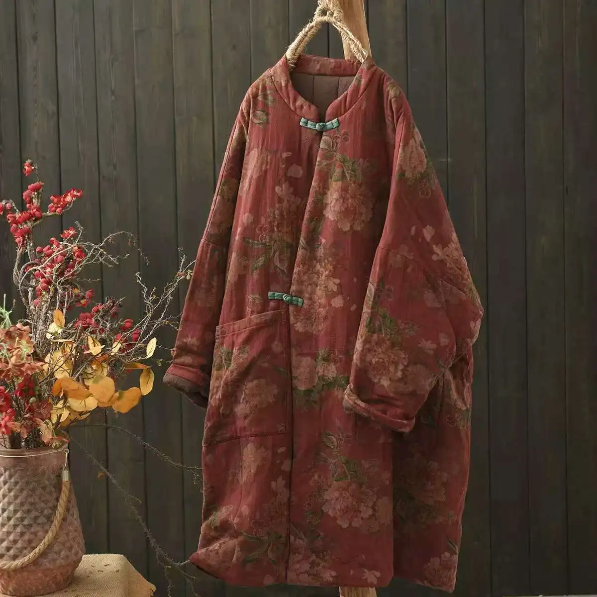 Johnature 2025 Woman Winter New Splicing Vintage Chinese Style Print Long Sleeves Parkas Fashion Loose Single Breasted Parkas