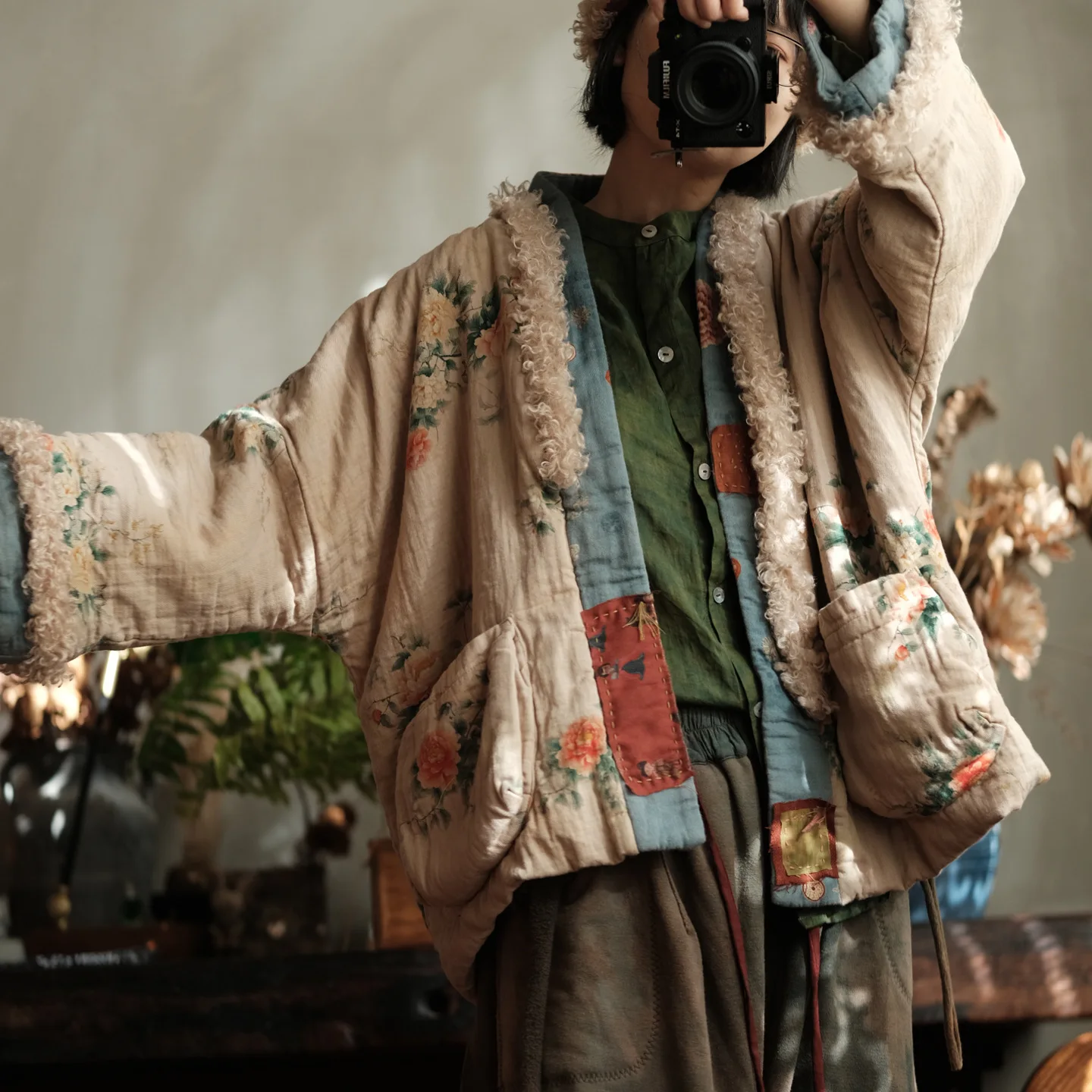 Johnature Women Vintage Winter Print Floral Parkas Patchwork Color Coats 2025 New Long Sleeve Warm Chinese Style Cotton Parkas
