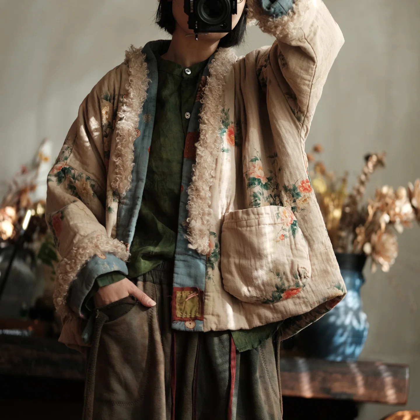 Johnature Women Vintage Winter Print Floral Parkas Patchwork Color Coats 2025 New Long Sleeve Warm Chinese Style Cotton Parkas