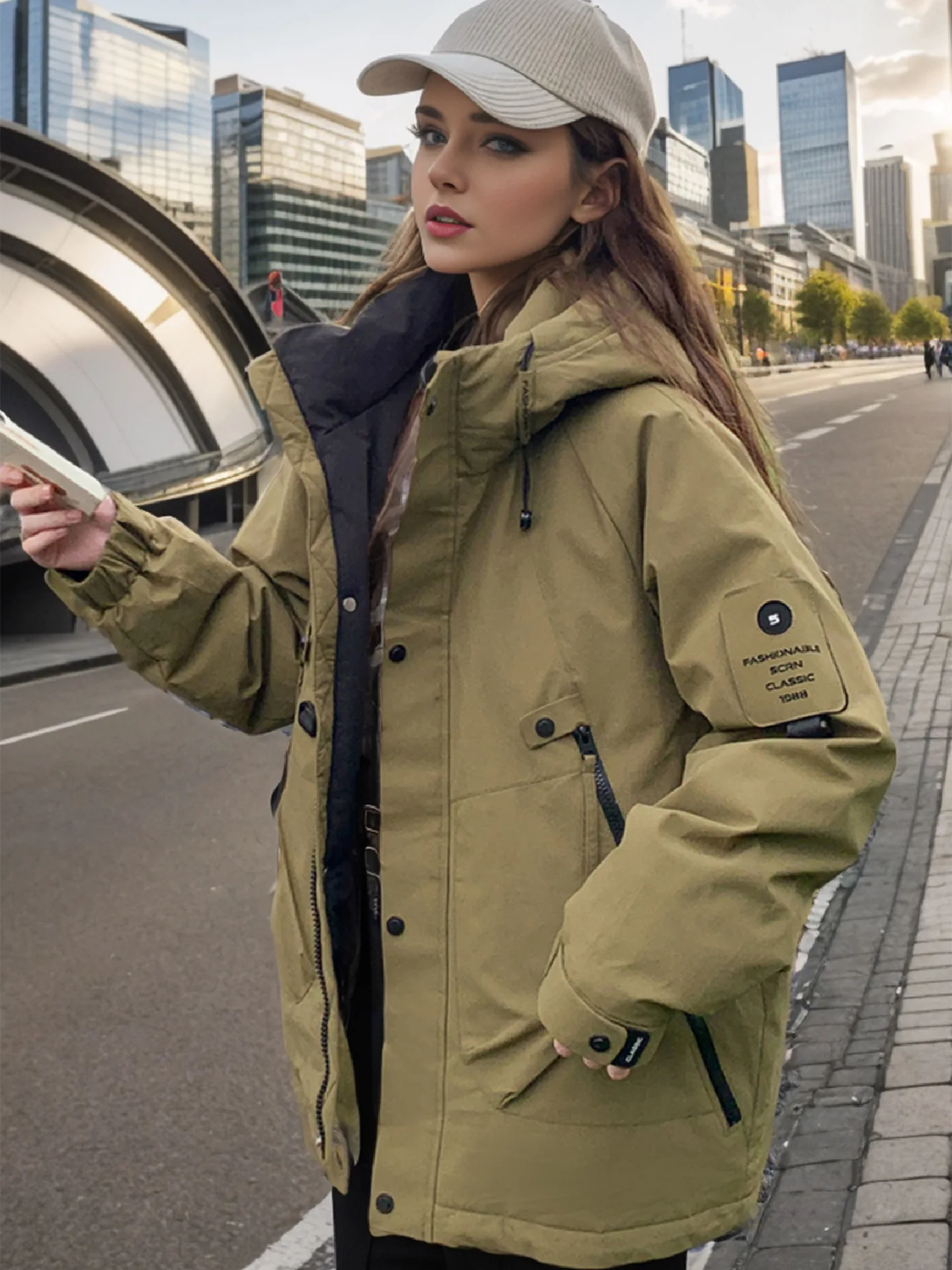 Conciso Women Outdoor Parka Mountaineering Casual Jacket Fashion Loose Winter Jacket Hooded Stand-Up Collar Coats MZ-23336