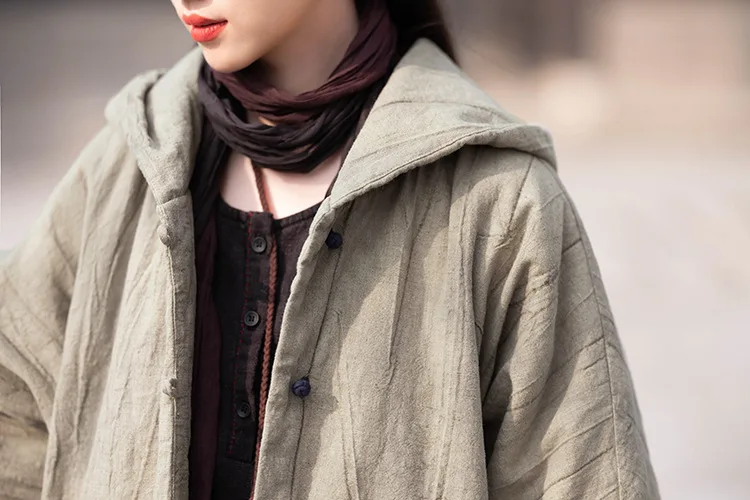 Johnature Women Vintage Cotton Ramie Hooded Parkas Button Long Sleeve Warm Coats 2025 Winter New Chinese Style Women Parkas
