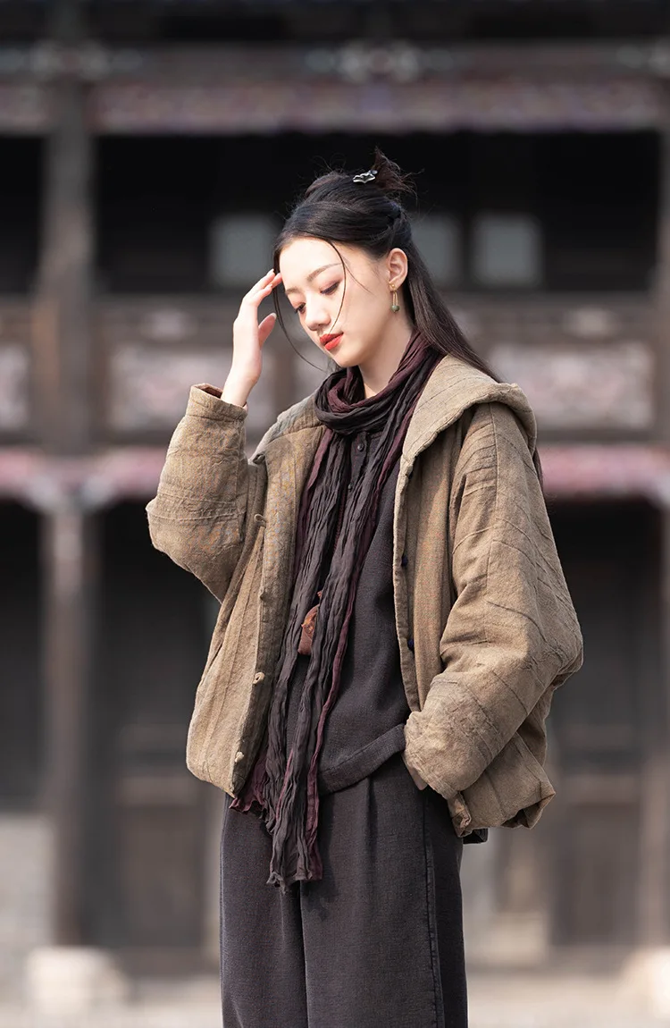 Johnature Women Vintage Cotton Ramie Hooded Parkas Button Long Sleeve Warm Coats 2025 Winter New Chinese Style Women Parkas
