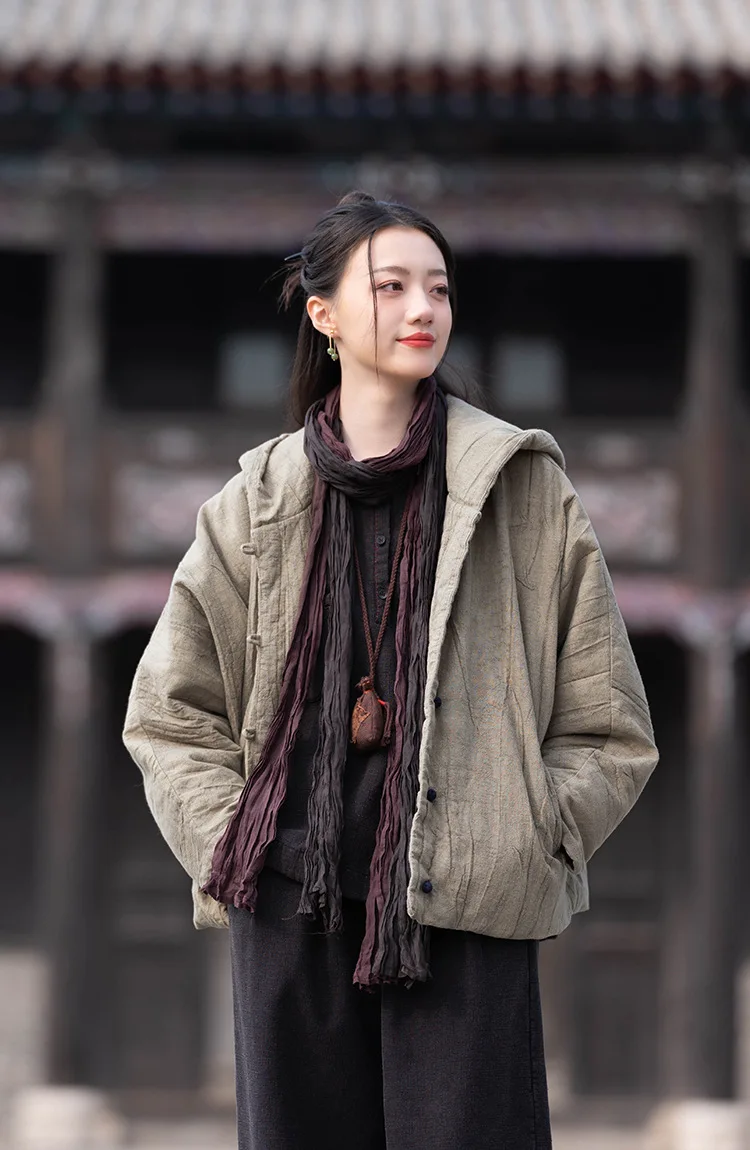 Johnature Women Vintage Cotton Ramie Hooded Parkas Button Long Sleeve Warm Coats 2025 Winter New Chinese Style Women Parkas