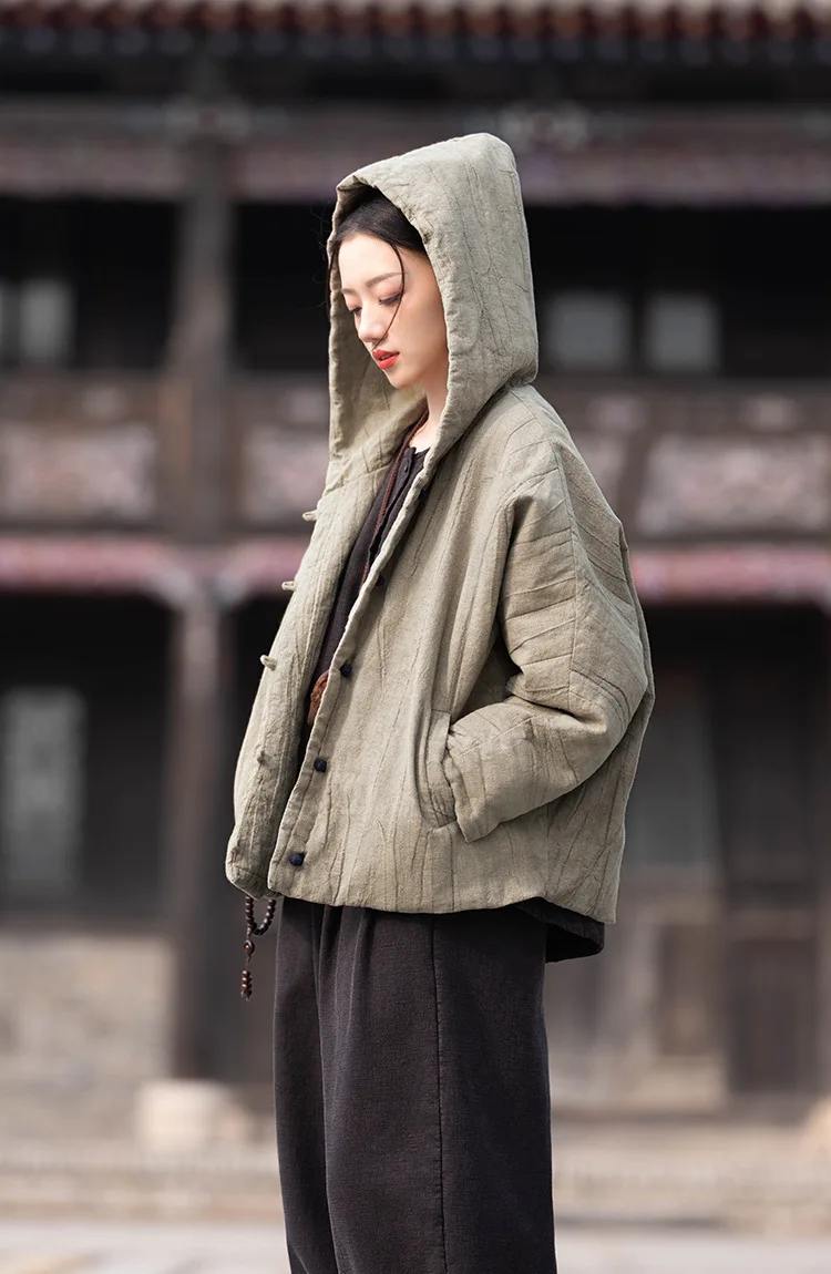 Johnature Women Vintage Cotton Ramie Hooded Parkas Button Long Sleeve Warm Coats 2025 Winter New Chinese Style Women Parkas