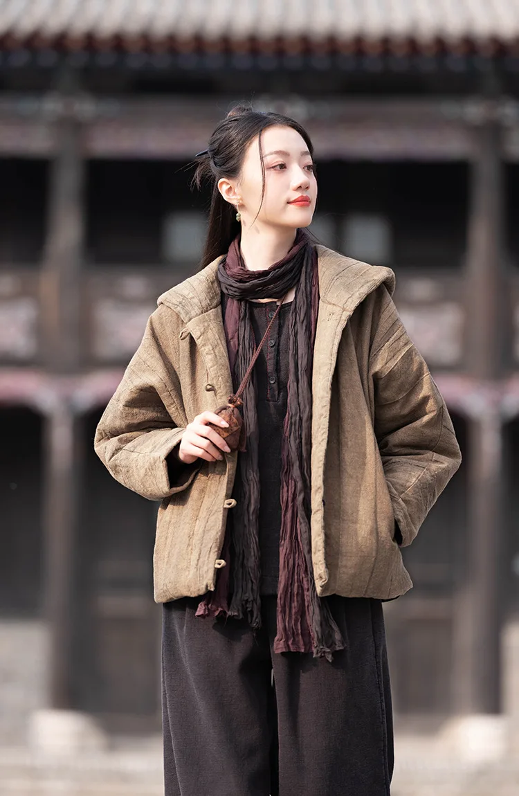 Johnature Women Vintage Cotton Ramie Hooded Parkas Button Long Sleeve Warm Coats 2025 Winter New Chinese Style Women Parkas