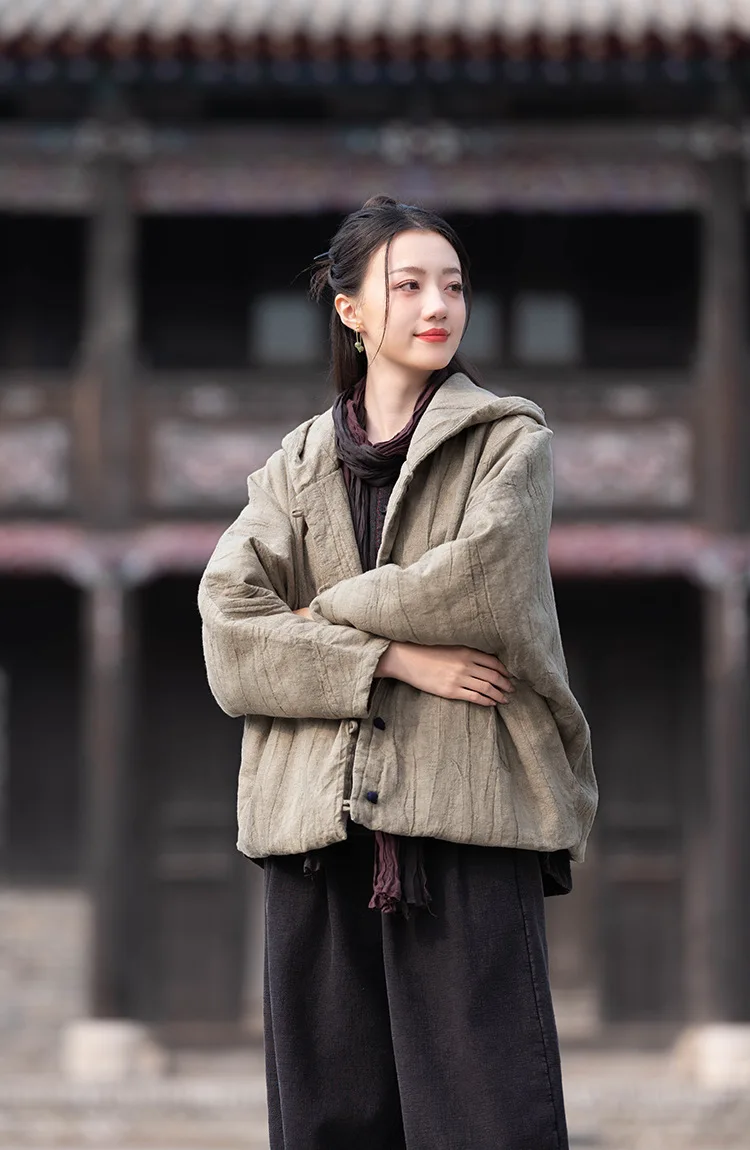 Johnature Women Vintage Cotton Ramie Hooded Parkas Button Long Sleeve Warm Coats 2025 Winter New Chinese Style Women Parkas