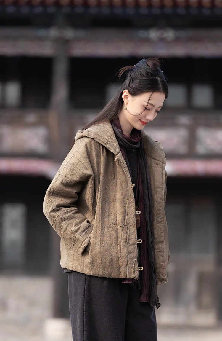 Johnature Women Vintage Cotton Ramie Hooded Parkas Button Long Sleeve Warm Coats 2025 Winter New Chinese Style Women Parkas