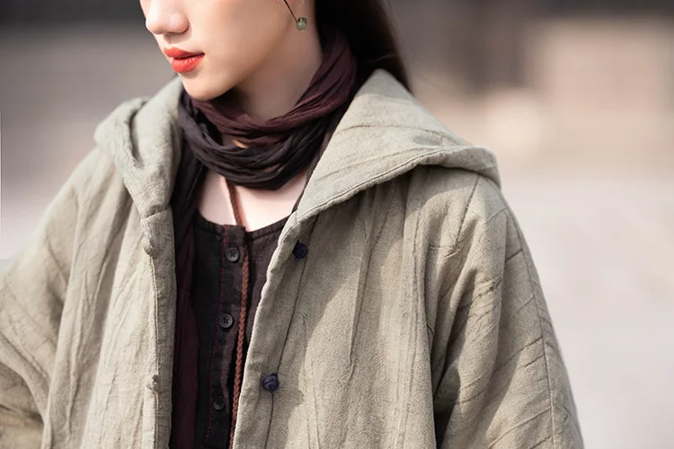 Johnature Women Vintage Cotton Ramie Hooded Parkas Button Long Sleeve Warm Coats 2025 Winter New Chinese Style Women Parkas