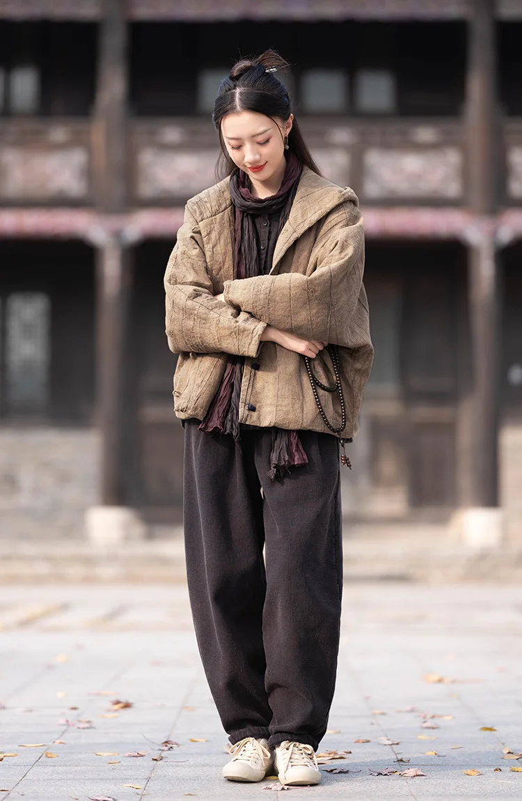 Johnature Women Vintage Cotton Ramie Hooded Parkas Button Long Sleeve Warm Coats 2025 Winter New Chinese Style Women Parkas