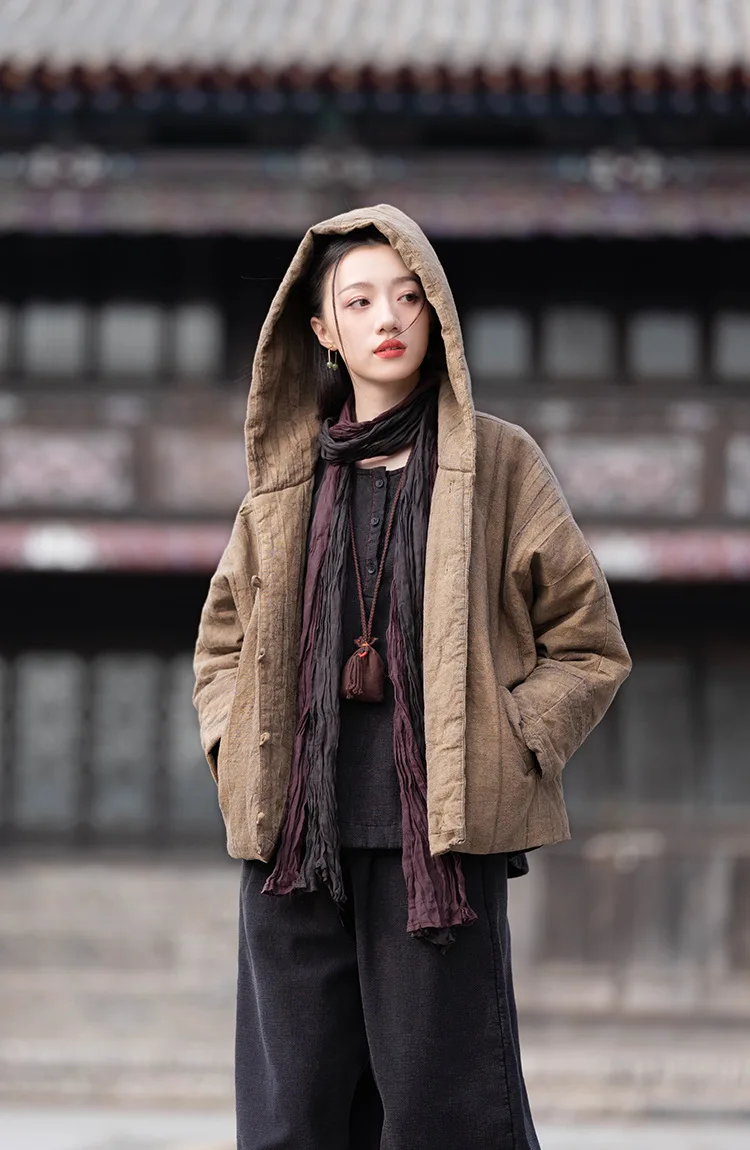 Johnature Women Vintage Cotton Ramie Hooded Parkas Button Long Sleeve Warm Coats 2025 Winter New Chinese Style Women Parkas