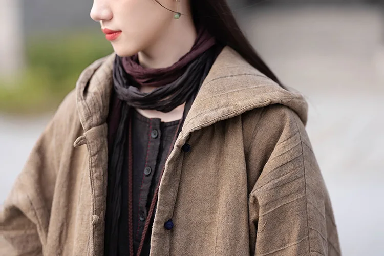 Johnature Women Vintage Cotton Ramie Hooded Parkas Button Long Sleeve Warm Coats 2025 Winter New Chinese Style Women Parkas