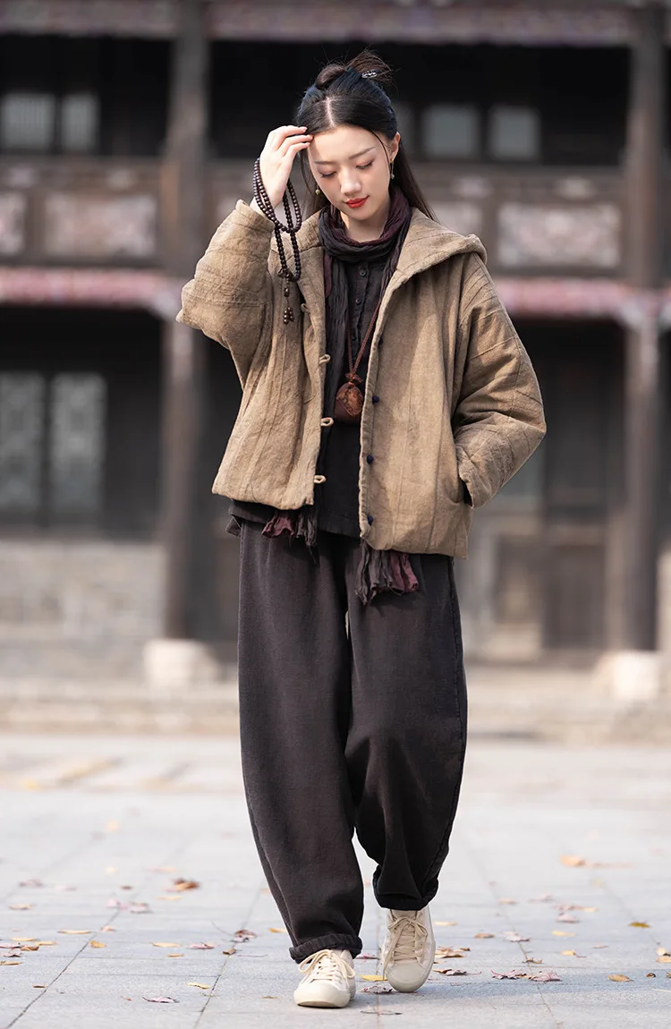 Johnature Women Vintage Cotton Ramie Hooded Parkas Button Long Sleeve Warm Coats 2025 Winter New Chinese Style Women Parkas