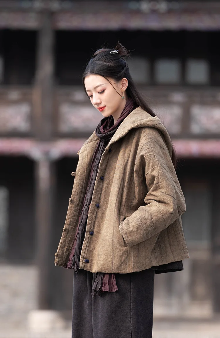 Johnature Women Vintage Cotton Ramie Hooded Parkas Button Long Sleeve Warm Coats 2025 Winter New Chinese Style Women Parkas