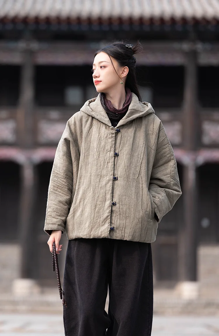 Johnature Women Vintage Cotton Ramie Hooded Parkas Button Long Sleeve Warm Coats 2025 Winter New Chinese Style Women Parkas