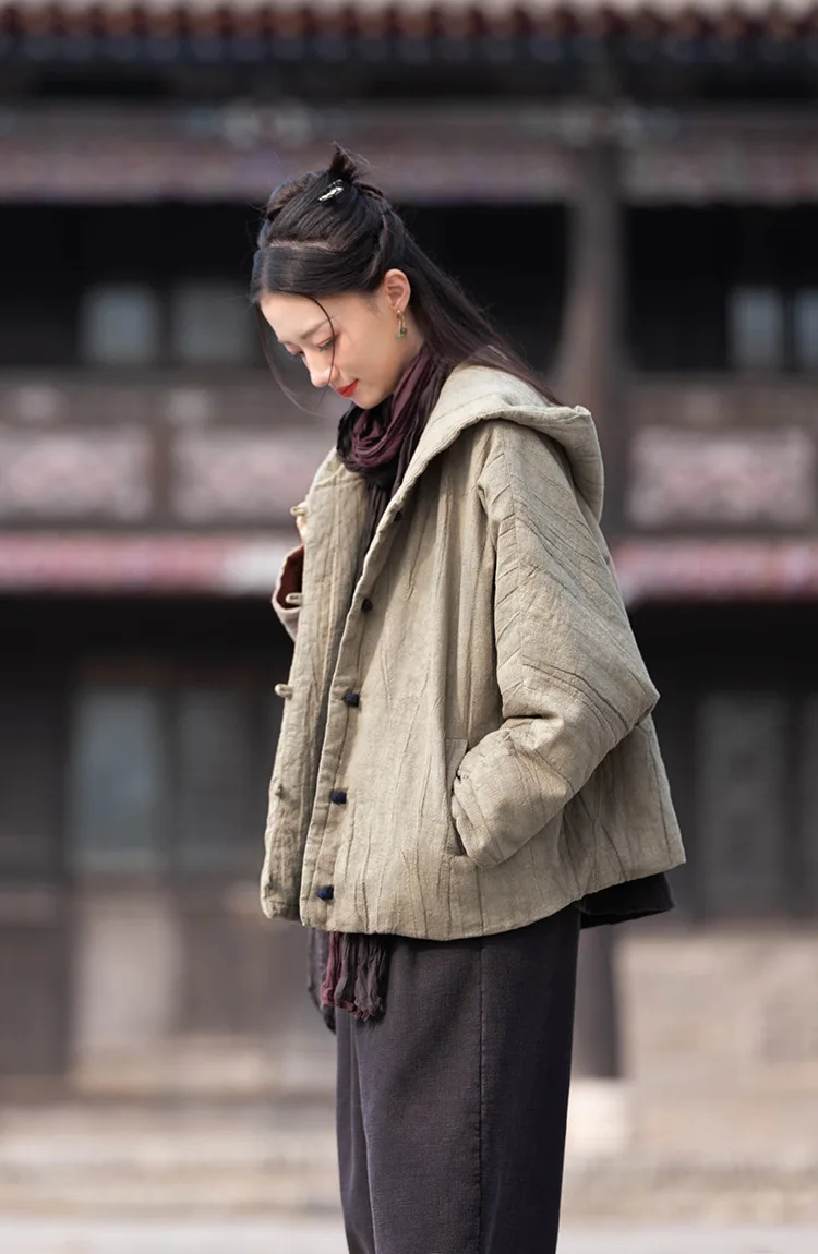 Johnature Women Vintage Cotton Ramie Hooded Parkas Button Long Sleeve Warm Coats 2025 Winter New Chinese Style Women Parkas