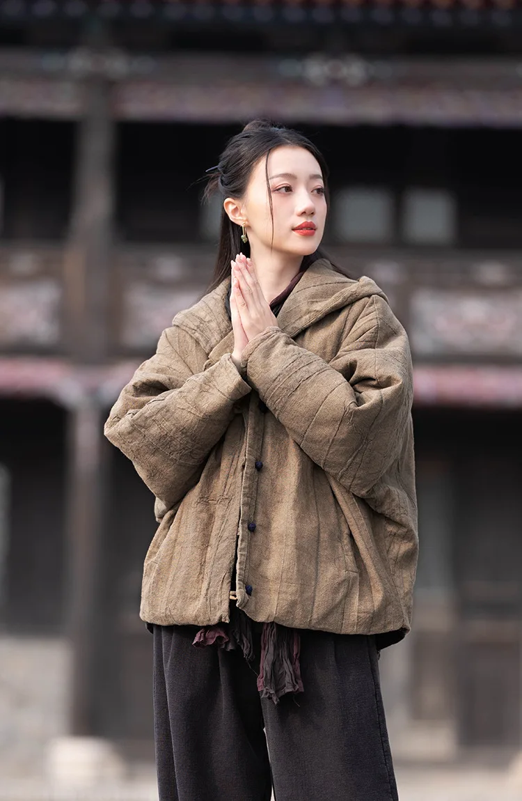 Johnature Women Vintage Cotton Ramie Hooded Parkas Button Long Sleeve Warm Coats 2025 Winter New Chinese Style Women Parkas