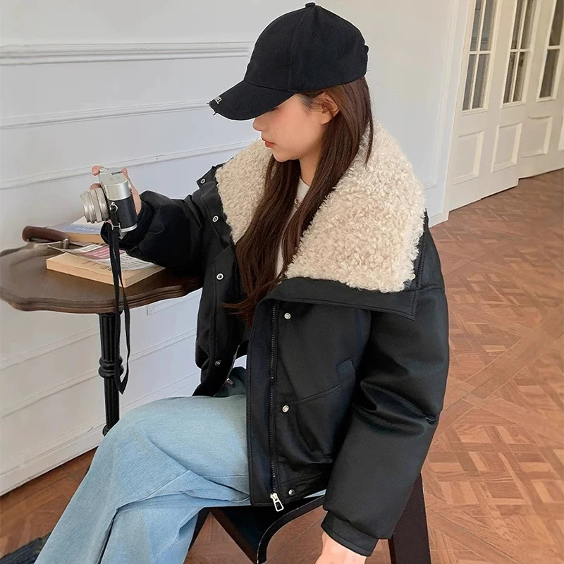 Lambswool Pu Leather Cropped Parkas Women Korean Long Sleeve Fleece Thicken Warm Winter Jackets Chic Pocket Zipper Up Overcoat