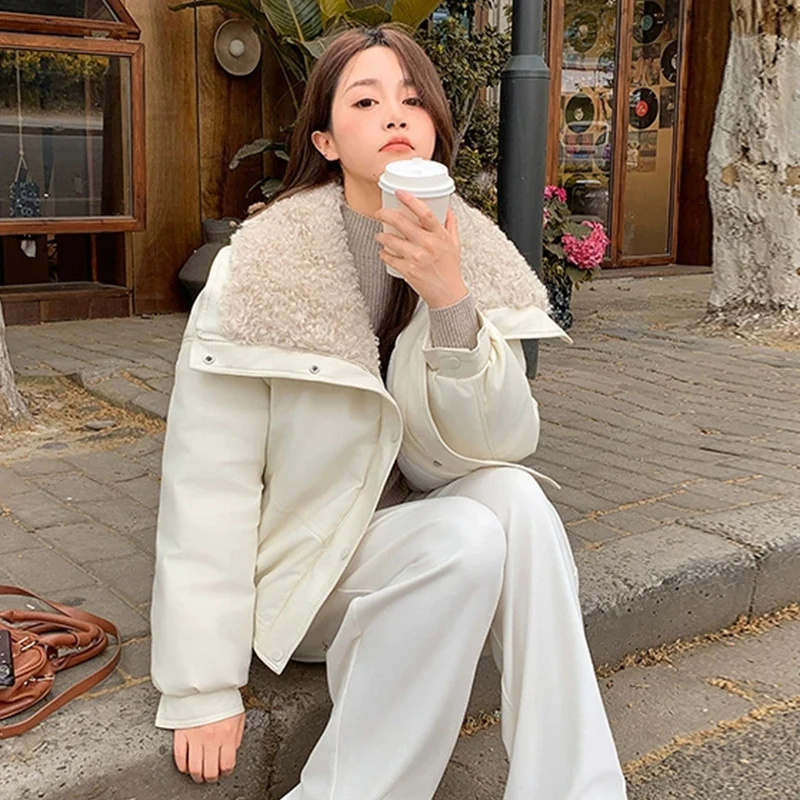 Lambswool Pu Leather Cropped Parkas Women Korean Long Sleeve Fleece Thicken Warm Winter Jackets Chic Pocket Zipper Up Overcoat