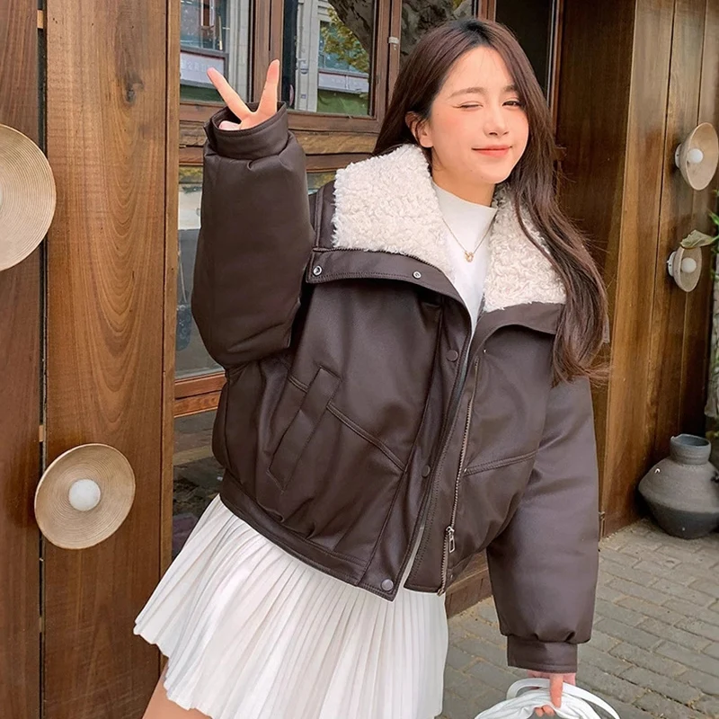 Lambswool Pu Leather Cropped Parkas Women Korean Long Sleeve Fleece Thicken Warm Winter Jackets Chic Pocket Zipper Up Overcoat