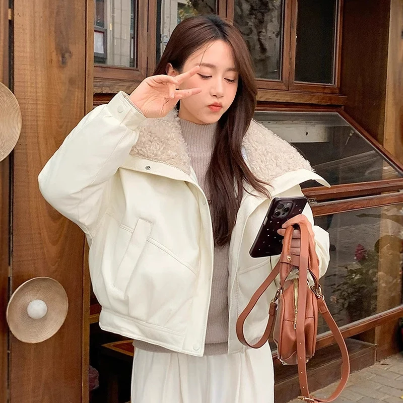Lambswool Pu Leather Cropped Parkas Women Korean Long Sleeve Fleece Thicken Warm Winter Jackets Chic Pocket Zipper Up Overcoat