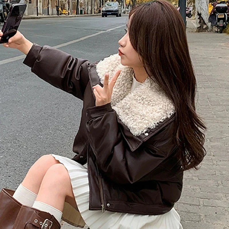 Lambswool Pu Leather Cropped Parkas Women Korean Long Sleeve Fleece Thicken Warm Winter Jackets Chic Pocket Zipper Up Overcoat