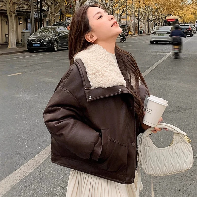Lambswool Pu Leather Cropped Parkas Women Korean Long Sleeve Fleece Thicken Warm Winter Jackets Chic Pocket Zipper Up Overcoat
